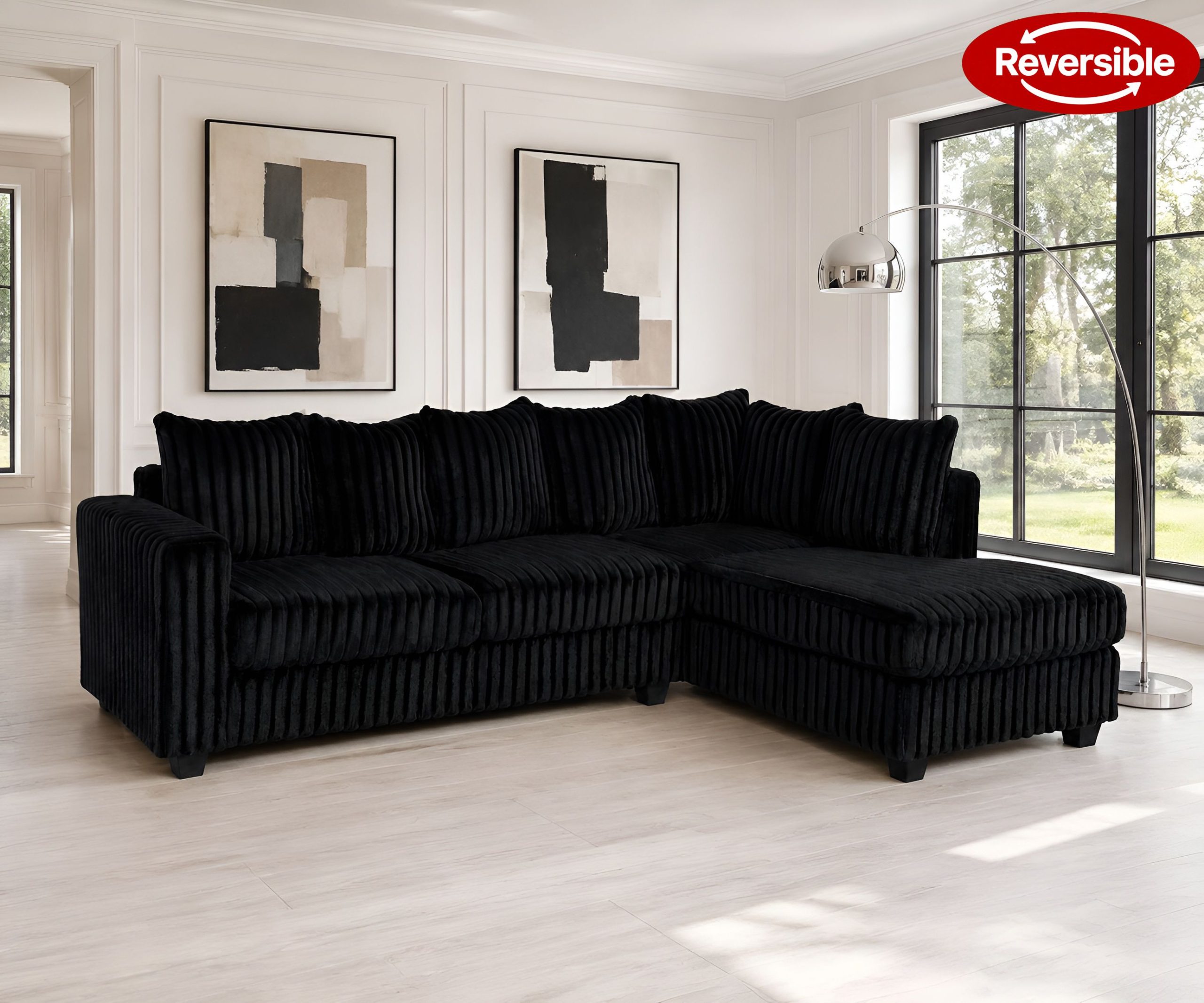 Hanna Black Fluffy Corduroy Sectional with Reversible Chaise