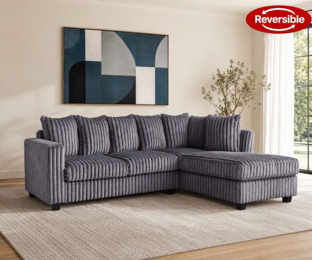 Hanna Grey Fluffy Corduroy Sectional with Reversible Chaise