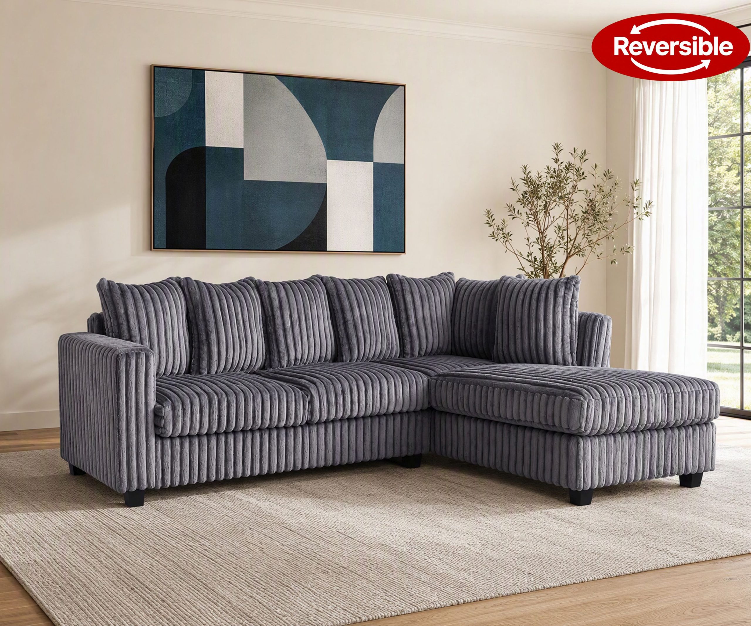 Hanna Grey Fluffy Corduroy Sectional with Reversible Chaise