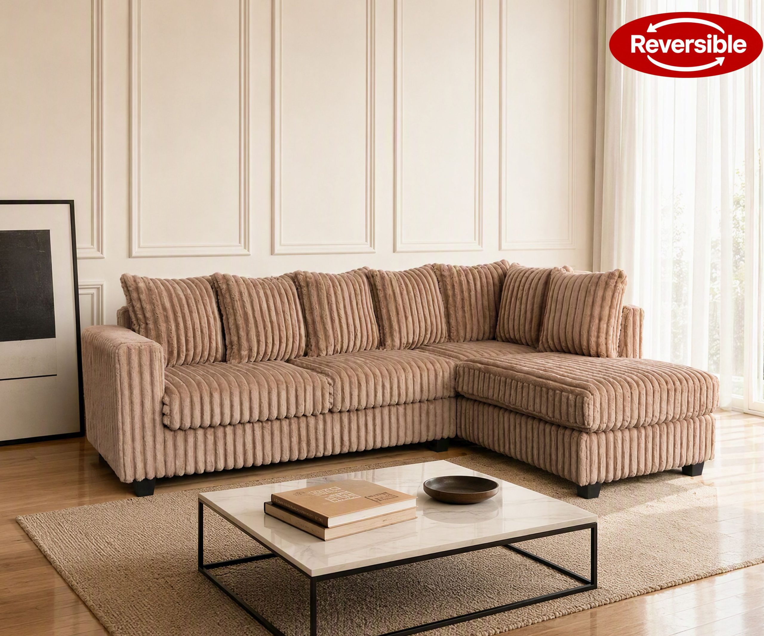 Hanna Taupe Fluffy Corduroy Sectional with Reversible Chaise