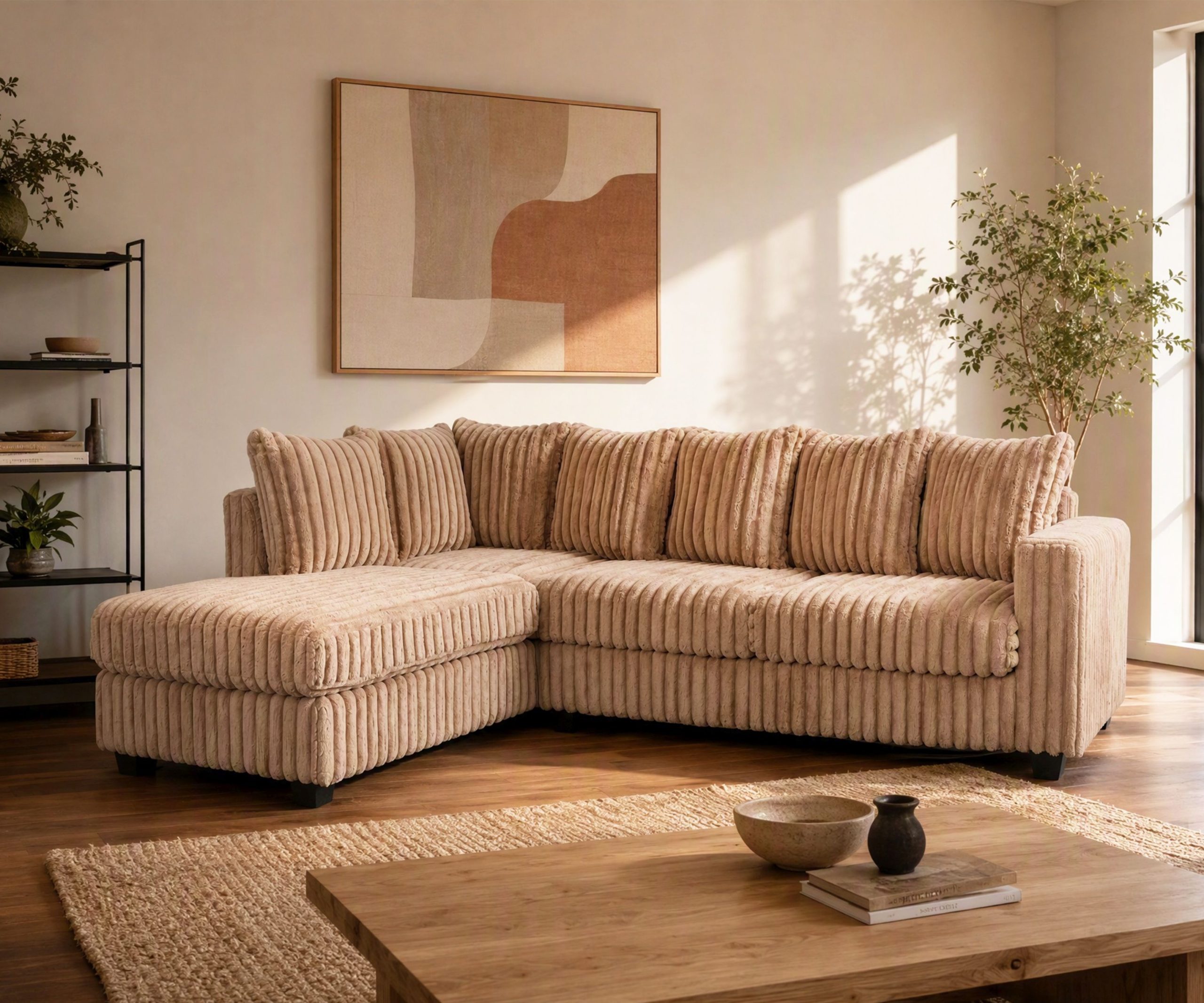 Hanna Taupe Fluffy Corduroy Sectional with Reversible Chaise