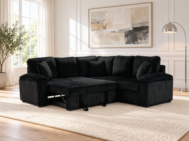 Jackson Black Fluffy Corduroy Sleeper Sectional