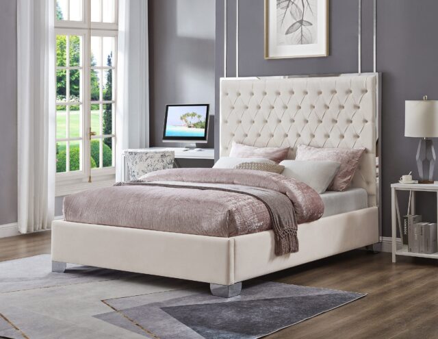 Kate Beige Tufted Velvet Upholstered Platform Bed