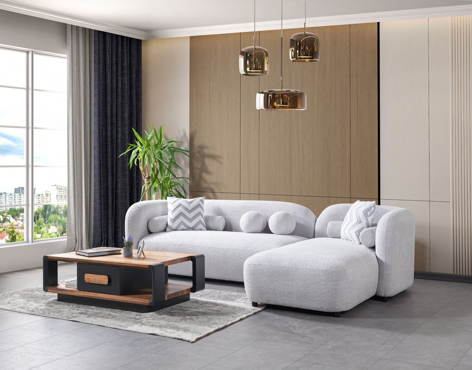 Liva Gray Boucle 110" Right-Facing Chaise Sectional