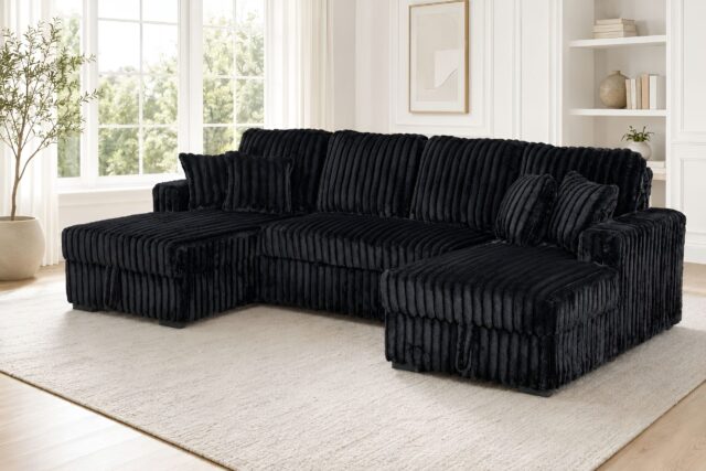 Morgan Black Fluffy U-Shaped Sleeper Sectional with Dual Storage Chaises