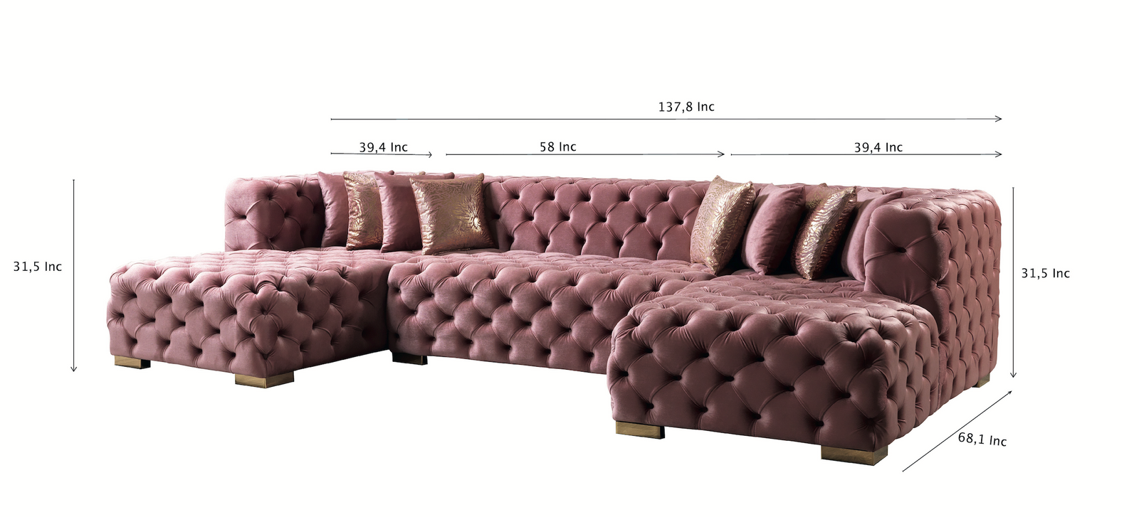 Neva Pink Velvet Double Chaise 138" Sectional
