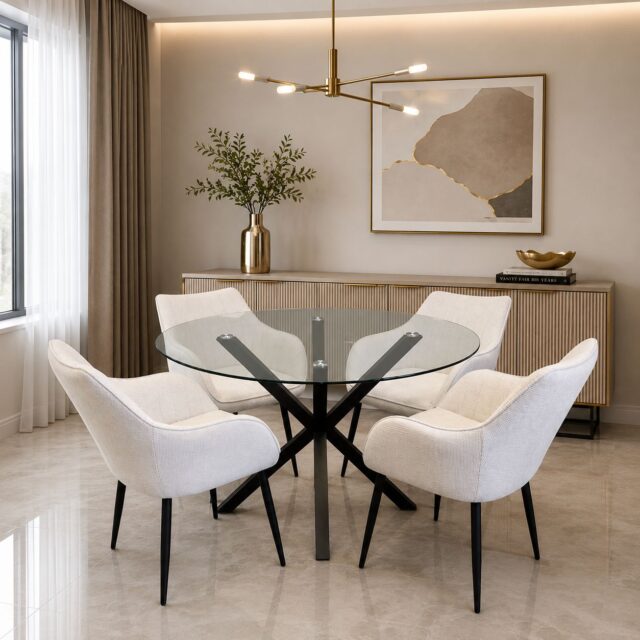 Rio 5-Piece Dining Set with Beige Chenille High-Back Chairs