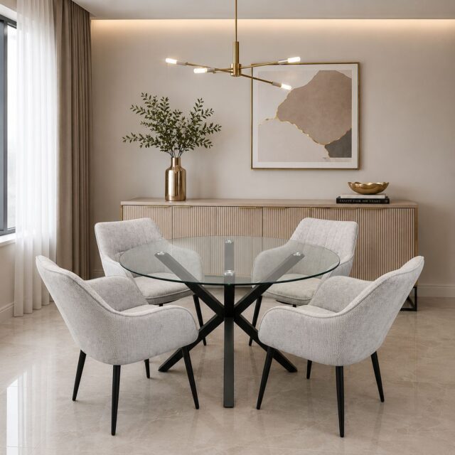 Rio 5-Piece Dining Set with Grey Chenille High-Back Chairs
