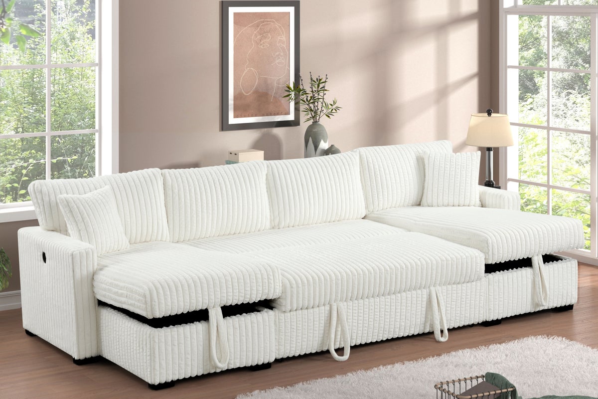 July Beige Double Storage Chaise Sectional (w/ Pull Out Bed)