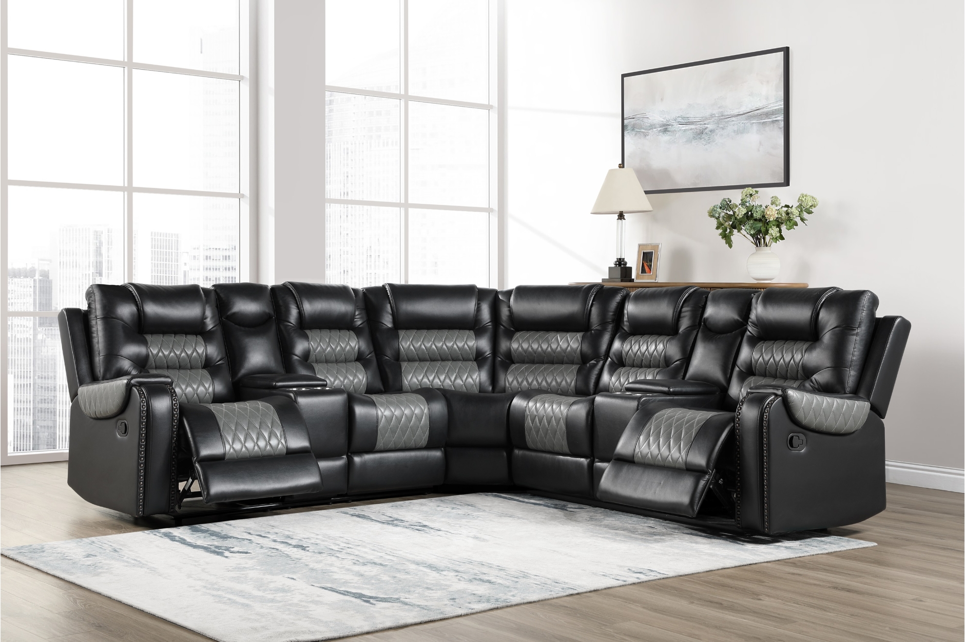 SH8890BLK*SC Hart Black 3-Piece Reclining Sectional